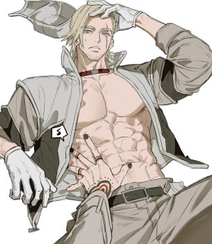 1boy abs bara bare_pectorals beard_stubble belt black_nails blonde_hair blue_eyes enjin_(gachiakuta) facial_hair finger_tattoo gachiakuta gris_rubion hand_on_own_head hat ho_wb76863 large_pectorals male_focus muscular muscular_male musical_note nail_polish open_clothes parted_lips pectorals scar scar_across_eye scar_on_face simple_background solo_focus spoken_musical_note stubble tattoo unworn_hat unworn_headwear white_background yaoi