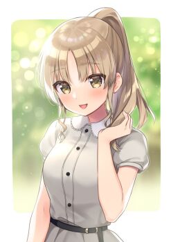 Rule 34 | 1girl, blurry, brown eyes, collared dress, depth of field, dress, female focus, green background, long hair, looking at viewer, nijisanji, open mouth, parted bangs, ponytail, shirt, short sleeves, sister claire, sister claire (3rd costume), smile, solo, sumisaki yuzuna, virtual youtuber
