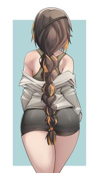 1girl alternate_costume ass bike_shorts black_hair black_shorts blonde_hair braid eyepatch from_behind girls&#039;_frontline jacket long_hair m16a1_(girls&#039;_frontline) multicolored_hair off-shoulder_jacket off_shoulder short_shorts shorts single_braid solo tascalate very_long_hair walking