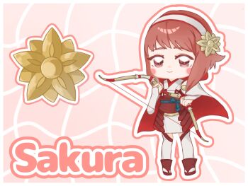 1girl bow_(weapon) character_name commentary_request fire_emblem fire_emblem_fates hairband highres holding holding_bow_(weapon) holding_weapon japanese_clothes looking_at_viewer nintendo pink_eyes pink_hair sakura_(fire_emblem) shizuku_drop2 smile solo staff weapon