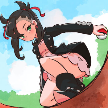 1girl asymmetrical_bangs black_hair black_jacket blue_sky closed_mouth cloud commentary_request day dress emfldzm159 green_eyes hair_ribbon holding holding_poke_ball jacket korean_commentary looking_at_viewer marnie_(pokemon) nintendo on_one_knee outdoors pink_dress poke_ball poke_ball_(basic) pokemon pokemon_swsh red_ribbon ribbon sky solo thighs twintails