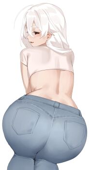 1girl :d ahoge ass ass_focus brown_eyes commentary cropped_shirt denim dimples_of_venus fang from_behind hair_between_eyes highres iwbitu jeans long_hair looking_at_viewer looking_back median_furrow nyopu open_mouth original pants shirt short_sleeves simple_background skin_fang smile solo untranslatable_commentary white_background white_hair white_shirt