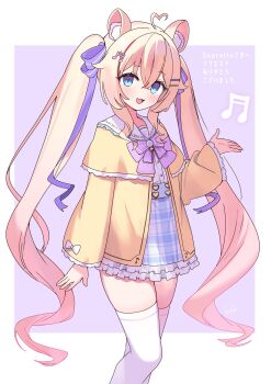 1girl animal_ears artist_request blonde_hair blue_eyes check_artist frilled_skirt frilled_sleeves frills hair_ornament heart heart-shaped_hair highres indie_virtual_youtuber magical_girl open_mouth pig_ears purple_ribbon ribbon sailor_collar school_uniform skirt smile sopralto thighhighs twintails white_thighhighs