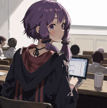 1girl 1other 4boys animal_ears animal_hood black_jacket blush commentary_request computer cup drinking_glass fake_animal_ears from_behind highres hood hood_down hooded_jacket indoors jacket lamb_(hitsujiniku) laptop long_hair long_sleeves looking_at_viewer looking_back multiple_boys parted_lips puffy_long_sleeves puffy_sleeves purple_eyes purple_hair rabbit_ears rabbit_hood vocaloid voiceroid yuzuki_yukari