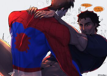 2boys absurdres alternate_costume bara beard_stubble blue_bodysuit blush bodysuit bottomless breath brown_hair bug clothes_lift dark-skinned_male dark_skin darknessdearm facial_hair from_behind hands_on_another&#039;s_shoulders highres implied_anal implied_sex lying male_focus male_pubic_hair marvel mature_male midriff_peek miguel_o&#039;hara motion_lines multicolored_bodysuit multiple_boys muscular muscular_male muscular_uke on_back out-of-frame_censoring peter_b_parker print_bodysuit pubic_hair red_bodysuit shirt_lift short_hair skin_tight spider-man:_across_the_spider-verse spider-man_(series) spider-verse stubble thick_eyebrows two-tone_bodysuit yaoi