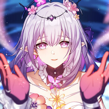 Rule 34 | 1girl, absurdres, castorice (honkai: star rail), cen (cenll), collarbone, commentary request, crying, crying with eyes open, flower, hair between eyes, highres, honkai: star rail, honkai (series), long hair, looking at viewer, open mouth, pink flower, pointy ears, purple eyes, purple flower, purple hair, smile, streaming tears, tears