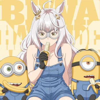 1girl 2boys absurdres ahoge animal_ears banana biwa_hayahide_(umamusume) black_gloves blue_overalls breasts cleavage commentary crossover cyclops despicable_me eating english_commentary food fruit gloves goggles green_eyes half-closed_eyes highres horse_ears horse_girl inkubator08 large_breasts long_hair minion_(despicable_me) minions_(movie) multiple_boys naked_overalls one-eyed orange_eyes overalls sitting text_background thighs umamusume v-shaped_eyebrows white_hair yellow_background yellow_eyes