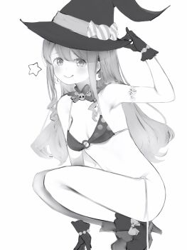 1girl absurdres armlet bikini blush bow bracelet breasts candy_hat_ornament closed_mouth crescent crescent_earrings earrings footwear_bow gloves greyscale hand_on_headwear hand_on_own_hat hand_on_own_hip hat high_heels highres himemori_luna hololive jewelry long_hair looking_at_viewer monochrome nanashi_(nlo) o-ring o-ring_bikini o-ring_top polka_dot polka_dot_bikini shoes simple_background skull_choker smile solo squatting star_(symbol) swimsuit tongue tongue_out untied_bikini_bottom virtual_youtuber witch_hat