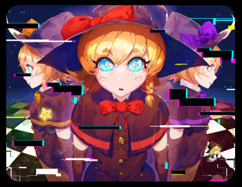 2girls beji-kun black_capelet black_gloves black_headwear black_vest blonde_hair blue_eyes blush_stickers bow bowtie braid bright_pupils buttons capelet commentary_request cookie_(touhou) cowboy_shot elbow_gloves gloves hair_between_eyes hat hat_bow highres kirisame_marisa looking_afar looking_at_viewer meguru_(cookie) mini_person minigirl multiple_girls open_mouth purple_bow purple_bowtie red_bow red_bowtie short_hair side_braid single_braid star_(symbol) static suzu_(cookie) touhou vest white_pupils witch_hat yellow_bow yellow_bowtie yuuhi_(cookie)