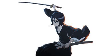 1girl anime_coloring black_hair black_hakama black_kimono bleach bleach_soul_resonance collarbone cowboy_shot double-parted_bangs fighting_stance flipped_hair grey_eyes hair_between_eyes hakama highres holding holding_sheath holding_sword holding_weapon japanese_clothes katana kimono kuchiki_rukia long_sleeves looking_at_viewer medium_hair official_art parted_lips sash serious sheath simple_background solo sword transparent_background tsurime v-shaped_eyebrows weapon white_sash wide_sleeves