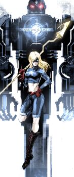 1girl absurdres belt black_boots blonde_hair blue_eyes boots dc_comics female_focus gloves glowing glowing_eyes hair_over_one_eye highres justice_league justice_society_of_america knee_boots lace-up_boots long_hair mask midriff naratani navel red_eyes robot s.t.r.i.p.e. solo staff star_(symbol) stargirl white_background