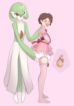 1boy 1girl absurdres blue_eyes blush bound brown_hair chastity_cage colored_chastity_cage crossdressing diaper dress embarrassed feminization gardevoir gen_3_pokemon green_hair highres humiliation nintendo octo_jo one_eye_closed pacifier pink_background pink_dress pokemon pokemon_(creature) red_eyes restraints ribbon short_hair simple_background straitjacket testicles thighhighs trap white_thighhighs