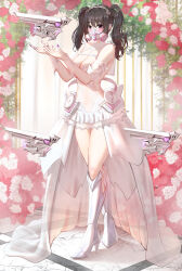 Rule 34 | 1girl, alternate costume, bare shoulders, black hair, blush, boots, breasts, chinese commentary, commentary request, dress, flower, full body, gas mask, girls&#039; frontline, hair ornament, hands up, high heel boots, high heels, highres, knee boots, large breasts, long hair, looking at viewer, mask, popoman, purple eyes, purple nails, sangvis ferri, scarecrow (girls&#039; frontline), solo, standing, thighs, twintails, white dress, white footwear