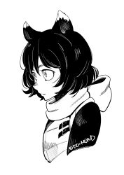 Rule 34 | 1girl, animal ears, artist name, cat ears, cat girl, dungeon meshi, edomon-do, from side, highres, hood, hood down, izutsumi, looking to the side, monochrome, parted lips, short hair, simple background, solo