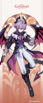 1boy black_boots black_coat boots closed_mouth coat commentary dragon_tail dragon_wings english_commentary full_body genshin_impact gloves hair_between_eyes hand_up highres holding long_sleeves male_focus mini_durin_(genshin_impact) mini_durin_(human)_(genshin_impact) official_art pants purple_hair red_eyes solo tail white_gloves white_pants wings
