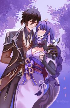 1boy 1girl absurdres alternate_costume armor artist_name asymmetrical_sleeves bird blunt_bangs braid breasts bridal_gauntlets brown_gloves brown_hair brown_jacket brown_pants brown_suit by_nearreya cleavage collared_jacket commentary couple english_commentary falling_petals formal_clothes friends genshin_impact gloves gradient_hair hair_between_eyes hair_ornament hair_ribbon highres jacket japanese_armor japanese_clothes kimono large_breasts long_hair long_sleeves looking_at_another looking_down looking_up mitsudomoe_(shape) mole mole_under_eye multicolored_hair off_shoulder outdoors pants parted_lips petals pink_petals purple_eyes purple_hair purple_kimono purple_ribbon purple_sky raiden_shogun red_sash ribbon sash shoulder_armor sky suit tomoe_(symbol) tree uneven_sleeves upper_body zhongli_(genshin_impact)
