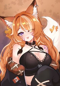 Rule 34 | 1girl, absurdres, aki hoshino, animal ear fluff, animal ears, belt, belt collar, black belt, breasts, canadian flag, collar, commentary, crescent, earrings, english commentary, facial mark, fox ears, fox girl, fox tail, freckles, grey hair, hair ornament, heart, highres, indie virtual youtuber, jewelry, leaf hair ornament, maple chicken, multicolored hair, one eye closed, orange hair, purple eyes, signature, solo, streaked hair, tail, tongue, tongue out, virtual youtuber, whisker markings