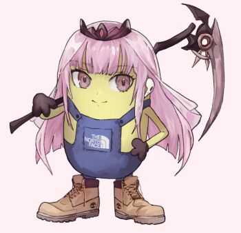 airpods black_gloves boots brown_boots commission despicable_me fewer_digits fusion gloves highres holding holding_scythe hololive hololive_english long_hair looking_to_the_side minion_(despicable_me) mori_calliope overalls pink_eyes pink_hair scythe smile split_mouth subakeye the_north_face tiara timberland veil virtual_youtuber what wireless_earphones