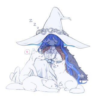 1girl aniimoni1 animal artist_name blue_hair blue_skin closed_eyes colored_skin commentary dress elden_ring english_commentary extra_arms extra_faces hat heart large_hat long_hair petting ranni_the_witch simple_background sitting sleeping very_long_hair white_background white_dress white_hat white_wolf witch witch_hat wolf zzz
