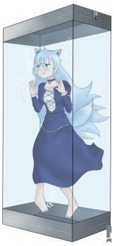 1girl animal_ears animated animated_gif asphyxiation barefoot blue_dress blue_eyes blue_hair bubble cat_bell cat_ears cat_girl cat_tail choker corset death dress drowned drowning female_focus highres lock long_hair new_villain peril solo tail underwater very_long_hair water water_tank white_background