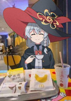 aura blue_archive bow bowtie braid chair closed_eyes earrings eri_(blue_archive) halo hat highres hrna jacket jewelry long_coat long_hair mcdonald&#039;s orange_eyes photo_background restaurant shirt smile soda sweater table tea_cup white_hair witch_hat