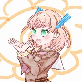 1girl :d blush brown_dress commentary_request dress flower_hands green_eyes hair_ornament hanamaru hasu_no_sora_school_uniform hinoshita_kaho link!_like!_love_live! long_sleeves love_live! medium_hair neckerchief open_mouth orange_background orange_hair pink_neckerchief rabbit_hair_ornament sailor_collar sailor_dress school_uniform shinanoya_(satanicad) smile solo teeth two_side_up upper_body upper_teeth_only virtual_youtuber white_sailor_collar winter_uniform