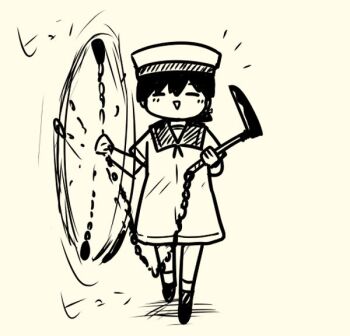 Rule 34 | 1girl, chain, commentary request, curse (023), dress, full body, hat, hiburi (kancolle), kantai collection, kusarigama, lineart, ponytail, sailor dress, sailor hat, short hair, sickle, smile, solo, swinging weapon, weapon