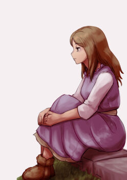 1girl boots brown_eyes brown_hair closed_mouth dress final_fantasy final_fantasy_tactics full_body grass hanemikakko hugging_own_legs long_hair long_skirt looking_to_the_side purple_dress simple_background sitting skirt solo tietra_heiral white_background