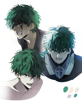 1boy absurdres blood blood_from_mouth blood_on_face boku_no_hero_academia clenched_teeth color_guide commentary_request cropped_shoulders freckles green_eyes green_hair highres kingxxxx715 korean_commentary male_focus midoriya_izuku multiple_views nude open_mouth short_hair simple_background superhero_costume sweat tears teeth white_background