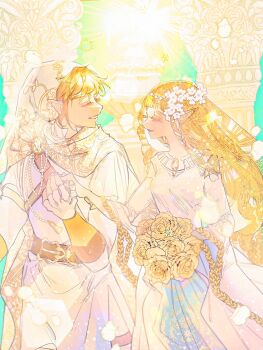 Rule 34 | 1boy, 1girl, blonde hair, blunt bangs, bouquet, breasts, closed eyes, commentary, couple, cowboy shot, dress, falling petals, flower, gold trim, hair flower, hair ornament, hair ribbon, hat, hetero, highres, holding, holding bouquet, holding hands, husband and wife, link, long hair, medium breasts, nintendo, parted lips, petals, phrygian cap, princess zelda, ribbon, seusojeldaleul-wihaejug-eum, short hair, sidelocks, smile, the legend of zelda, the legend of zelda: skyward sword, tunic, untranslatable commentary, wedding, wedding dress, white dress, white flower, white hat, white petals, white ribbon, white tunic, wide sleeves