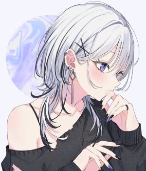 1girl bare_shoulders black_nails black_shirt blue_eyes blue_nails commentary_request commission ear_piercing earrings grey_hair jewelry long_sleeves looking_to_the_side medium_hair nekotora_(nekotora0116) original piercing portrait ring shirt single_bare_shoulder single_off_shoulder skeb_commission torn_clothes torn_shirt upper_body