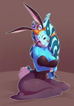 1girl alien animal_ears bare_shoulders blue_skin breasts brown_background brown_pantyhose colored_skin commentary english_commentary highres justrube kneeling large_breasts leotard looking_at_viewer pantyhose playboy_bunny rabbit_ears rabbit_tail snooker_(rube) solo star_wars strapless strapless_leotard tail togruta