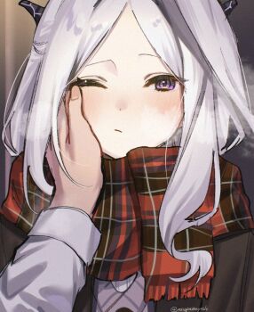 1boy 1girl asupa_mayo0210 blue_archive blush demon_girl demon_horns hina_(blue_archive) horns long_hair looking_at_viewer one_eye_closed purple_eyes scarf sensei_(blue_archive) twitter_username upper_body white_hair