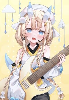 Rule 34 | 1girl, bare shoulders, blonde hair, blue eyes, blue horns, blue tail, blush, bow, braid, commentary request, detached sleeves, electric guitar, fangs, guitar, hair ornament, hair over shoulder, hat, headset, highres, holding, holding guitar, holding instrument, horns, instrument, japanese clothes, kadou mikaru, kimono, lightning bolt, lightning bolt hair ornament, lightning bolt symbol, long sleeves, looking at viewer, low twin braids, multicolored horns, nail polish, nijisanji, no jacket, open mouth, pom pom (clothes), pom pom hair ornament, puffy long sleeves, puffy sleeves, shibainu, sidelocks, smile, solo, twin braids, two-tone horns, two-tone tail, upper body, virtual youtuber, white bow, white hat, white horns, white kimono, white tail, x hair ornament, yellow background, yellow nails