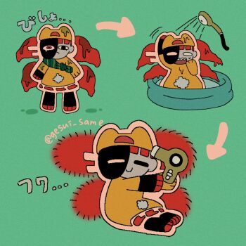 1girl abstract animal_ears animal_feet aqua_background arrow_(symbol) beanie black_eyes blue_skin cat_ears character_request closed_mouth colored_skin commentary_request dress ear_covers ena:_dream_bbq ena_(series) flat_color frown gesui_same hat heterochromia highres long_sleeves outline red_eyes red_hair sad sequential short_dress short_hair simple_background taski_maiden_(ena) tearing_up tentacles twitter_username whiskers white_outline yellow_dress yellow_hat