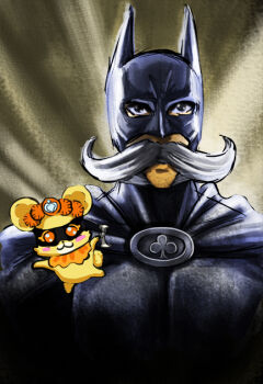 1boy bad_id bad_pixiv_id batman batman_(cosplay) batman_(series) beard cape cosplay creature crossover cure_rosetta dc_comics dokidoki!_precure el_blanco facial_hair handlebar_mustache leather male_focus mascot mask mustache parody precure rance_(dokidoki!_precure) robin_(cosplay) robin_(dc) robin_(dc)_(cosplay) sebastian_(dokidoki!_precure) solo source_request superhero_costume