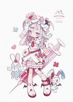 1girl absurdres apron bandaged_leg bandages closed_mouth commission full_body grey_hair hat heart highres holding holding_syringe kanae_(cookie) long_hair looking_at_viewer necktie original oversized_object pink_eyes pink_shirt pink_skirt pleated_skirt rabbit red_necktie shirt shoes short_sleeves simple_background skirt solo standing syringe thick_eyebrows twitter_username watermark white_apron white_background white_hat white_shoes