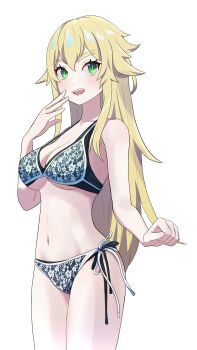 1girl absurdres bikini blonde_hair blush breasts cleavage commentary_request cowboy_shot frederica_baumann green_eyes hair_between_eyes hand_to_own_mouth highres large_breasts long_hair looking_at_viewer na-suke navel open_mouth re:zero_kara_hajimeru_isekai_seikatsu sharp_teeth smile solo swimsuit teeth thick_eyebrows white_background