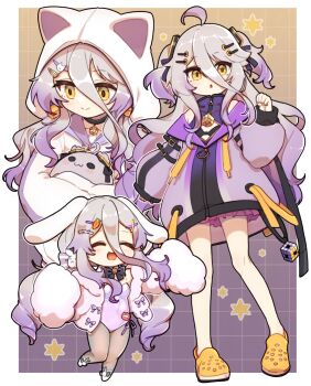 1girl ahoge animal_ears animal_hood black_bra bra breasts closed_mouth commentary_request crocs dress fake_animal_ears full_body gradient_hair grey_hair hair_between_eyes henya_the_genius henya_the_genius_(1st_costume) henya_the_genius_(bunniversary) highres hood hood_up hoodie indie_virtual_youtuber jacket long_bangs long_hair looking_at_viewer multicolored_hair multiple_views naekam official_alternate_costume open_mouth pantyhose partially_unzipped playboy_bunny purple_dress purple_hair purple_jacket rabbit_ears sidelocks small_breasts smile standing two_side_up underwear upper_body very_long_hair virtual_youtuber white_hoodie yellow_eyes