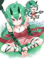 Rule 34 | ahoge, asymmetrical breasts, bandaged foot, bandaged leg, bandages, bare shoulders, bell, breasts, chibi, chibi inset, cleavage, commission, demon horns, elbow gloves, feet, gem, gloves, grass, green gemstone, green hair, hair bell, hair ornament, hand on own foot, holding, holding polearm, holding weapon, horns, jade (boltclash), jewelry, large breasts, light smile, long bangs, messy hair, multiple views, necklace, omkuros, on grass, oni girl, original, pale skin, pink eyes, pink skirt, polearm, revealing clothes, short eyebrows, skeb commission, skirt, soles, solo, toes, weapon, white background
