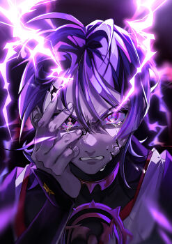 Rule 34 | 1boy, absurdres, alternate costume, angry, blurry, clenched teeth, close-up, commentary, cracked skin, crying, crying with eyes open, depth of field, electricity, genshin impact, glowing, glowing eyes, hair between eyes, hand on own face, highres, japanese clothes, jewelry, memetaa a, multicolored eyes, pendant, purple background, purple eyes, purple hair, scaramouche (genshin impact), serious, solo, tears, teeth, upper body