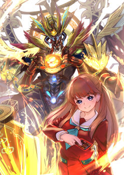 1girl absurdres aqua_neckerchief arm_at_side blush brown_dress brown_hair card character_request closed_mouth collarbone dress duel_masters fujishima_megumi hasu_no_sora_school_uniform highres holding holding_card hundred_brazil link!_like!_love_live! long_hair long_sleeves looking_at_viewer love_live! neckerchief pleated_dress purple_eyes sailor_collar sailor_dress school_uniform smile split_mouth summoning two_side_up v-shaped_eyebrows virtual_youtuber white_background white_sailor_collar winter_uniform