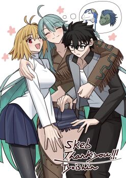 1boy 2girls ahoge arcueid_brunestud arm_around_shoulder bead_bracelet beads belt black_eyes black_hair black_pants black_pantyhose blonde_hair blue_skirt blush bracelet braid breasts brown_jacket brown_pants chaps closed_eyes commission cropped_jacket crotchless crotchless_pants dinosaur fate/grand_order fate_(series) flower fringe_trim glasses green_hair grin hair_between_eyes highres jacket jewelry kukulkan_(fate) lapels long_hair midriff miniskirt multiple_girls navel necklace official_alternate_costume one_eye_closed open_clothes open_jacket pants pantyhose shintyoi2 shirt short_hair shorts side_braid skeb_commission skirt smile sweater tepeu_(fate) tohno_shiki tsukihime tsukihime_(remake) turtleneck turtleneck_sweater white_shirt white_sweater xquic_(fate)