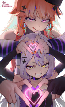 2girls absurdres ahoge backlighting black_horns braid braided_bangs commentary demon_girl demon_horns earrings eyelashes feather_earrings feathers glowing glowing_eyes gradient_hair green_hair grey_hair grin hair_between_eyes hat heart heart_hands height_difference highres hololive hololive_english horns huge_horns jewelry la+_darknesss licking_lips long_hair looking_at_viewer multicolored_hair multiple_girls nail_polish orange_hair pointy_ears purple_eyes purple_hair purple_horns sauce_darusungi smile streaked_hair striped_horns takanashi_kiara takanashi_kiara_(1st_costume) tongue tongue_out upper_body very_long_hair virtual_youtuber yellow_eyes