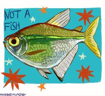 Rule 34 | animal focus, blue background, border, commentary, english commentary, fish, fish request, from side, full body, highres, maggotmuncher0, no humans, original, painterly, simple background, sparkle, white border