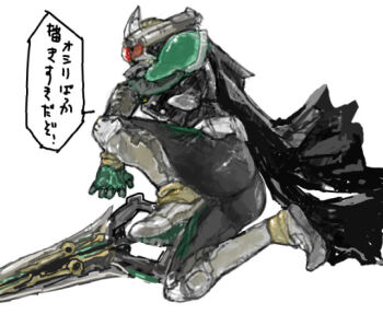 1boy armor ass bad_id bad_pixiv_id belt deneb green_armor helmet japanese_text kamen_rider kamen_rider_den-o_(series) kamen_rider_zeronos male_focus mask masked masked_male red_eyes robe sakurai_yuuto_(kamen_rider_den-o) shoulder_gun star_(symbol) sword weapon