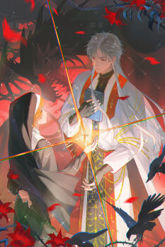 1boy 1girl absurdres as_10 bible_(object) bird black_bird black_dress black_veil book cape chromatic_aberration closed_mouth cross crossed_fingers crow dragon dress eyelashes fingerless_gloves fingernails flower gloves guimpe hetero highres holding holding_book lips long_hair long_sleeves looking_at_another love_and_deepspace nun open_hand parted_bangs petals priest protagonist_(love_and_deepspace) red_eyes red_flower red_petals red_sash sash shadow smile standing sylus_(love_and_deepspace) thorns traditional_nun veil white_cape white_hair