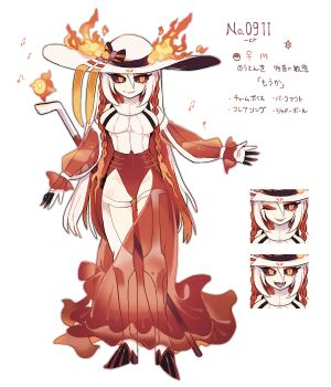 1girl akadako black_sclera braid breasts cane colored_sclera commentary_request eyelashes fire fire_bird_(skeledirge) full_body hair_between_eyes hat highres large_breasts long_hair nintendo one_eye_closed personification poke_ball poke_ball_(basic) pokemon red_skirt see-through_clothes see-through_sleeves sharp_teeth skeledirge skirt smile teeth thighhighs translation_request white_hat white_thighhighs yellow_eyes