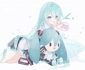 1girl aqua_eyes aqua_hair chibi chives commentary hatsune_miku long_hair looking_at_viewer lying necktie renren_(pixiv22963369) signature solo stuffed_toy twintails vocaloid