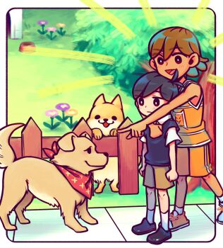 Rule 34 | 2boys, antenna hair, arm around neck, bandana, black eyes, black hair, black shoes, blush, bowl, bright pupils, brown shorts, closed mouth, dark-skinned male, dark skin, day, dog, doghouse, double-parted bangs, fence, grass, hair between eyes, hector (omori), highres, kel (faraway) (omori), kel (omori), laser-lance, lucas (omori), male focus, multiple boys, omori, open mouth, orange shoes, orange shorts, outdoors, pet bowl, picket fence, rearing, red bandana, shoes, short hair, shorts, sidewalk, smile, sneakers, socks, sunny (omori), tree, triangle mouth, white pupils, white socks, wooden fence